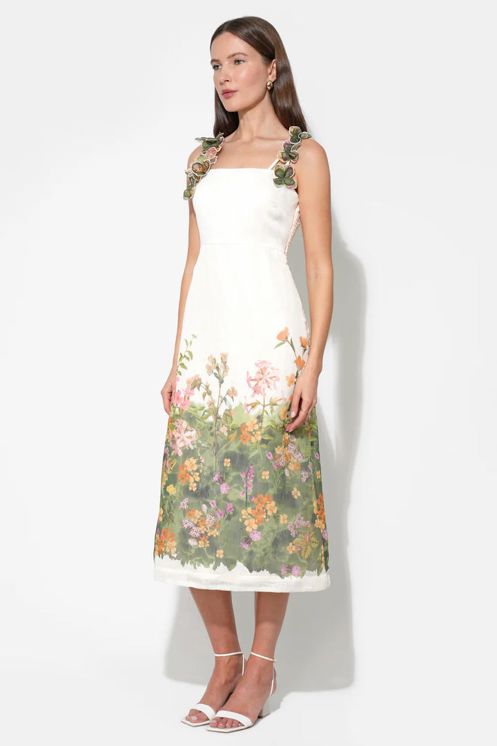 ELOISE BRAIDED PRINTED FLORAL MIDI DRESS-CREAM/GREEN