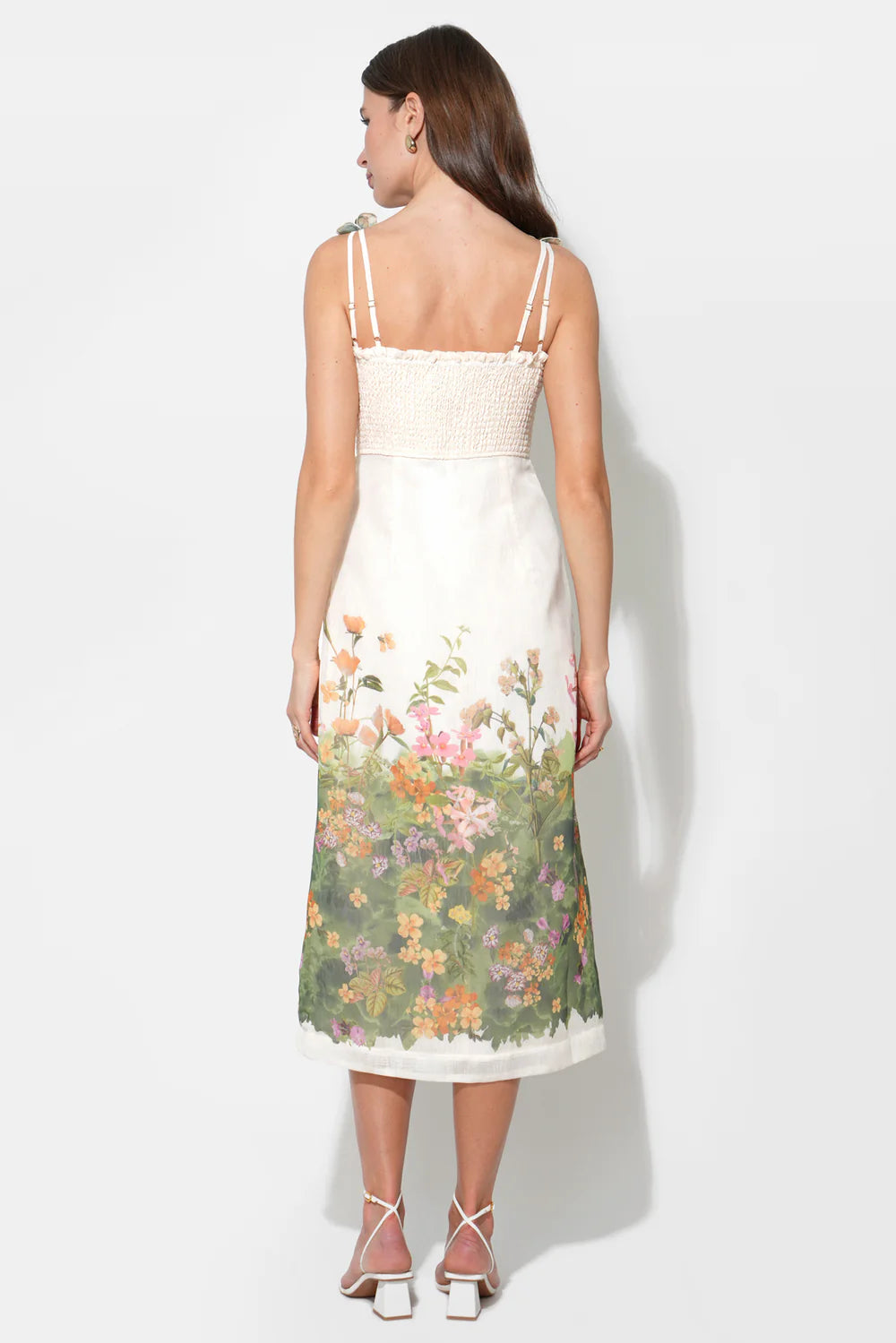 ELOISE BRAIDED PRINTED FLORAL MIDI DRESS-CREAM/GREEN