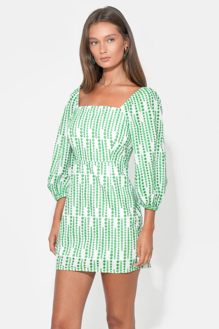 ADDISON SQUARE NECK EMBROIDERY MINI DRESS-WHITE/GREEN