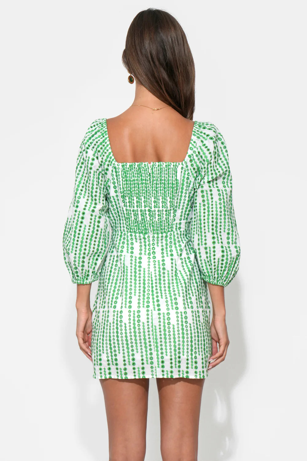 ADDISON SQUARE NECK EMBROIDERY MINI DRESS-WHITE/GREEN
