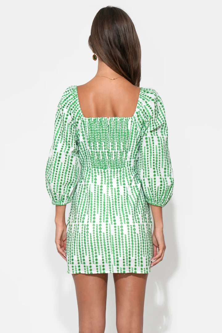 ADDISON SQUARE NECK EMBROIDERY MINI DRESS-WHITE/GREEN