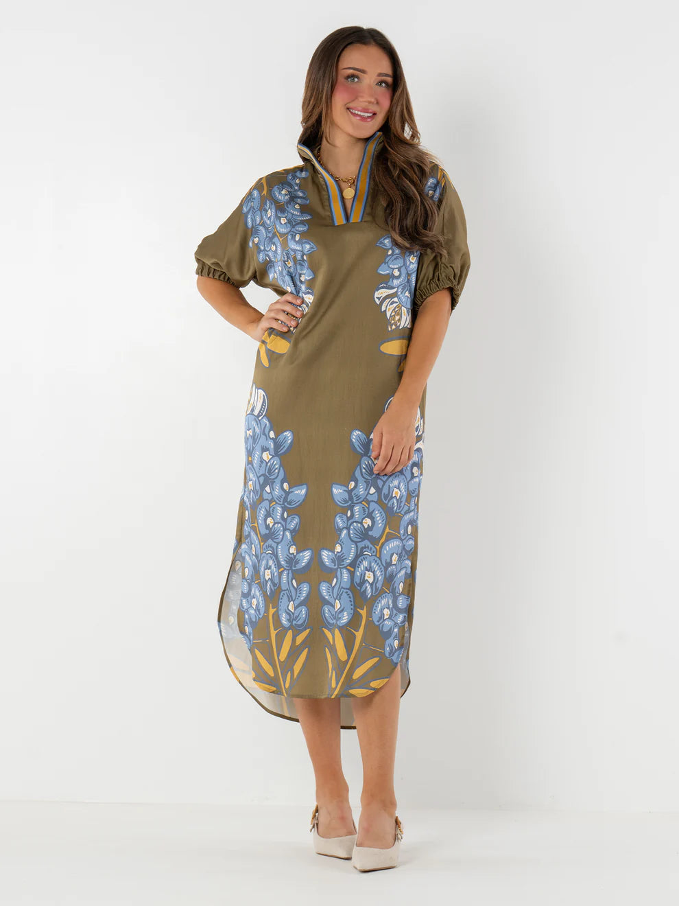olive blue and yellow midi caftan style dress with short sleeves, v neck and stand collar