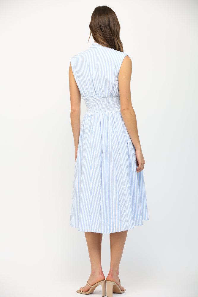 STRIPED ZIP FRONT MIDI DRESS-BLUE/WHITE