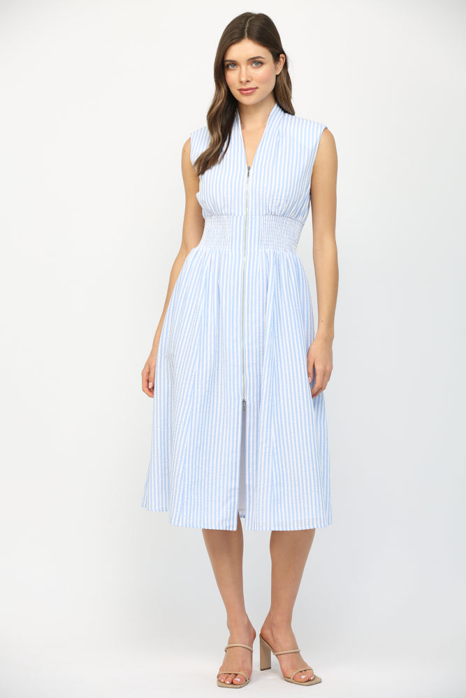 STRIPED ZIP FRONT MIDI DRESS-BLUE/WHITE