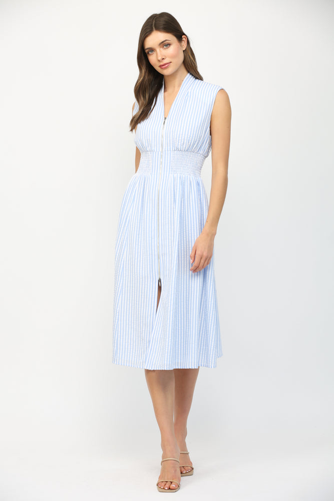 STRIPED ZIP FRONT MIDI DRESS-BLUE/WHITE
