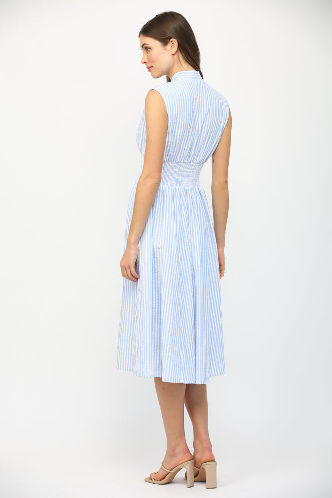 STRIPED ZIP FRONT MIDI DRESS-BLUE/WHITE