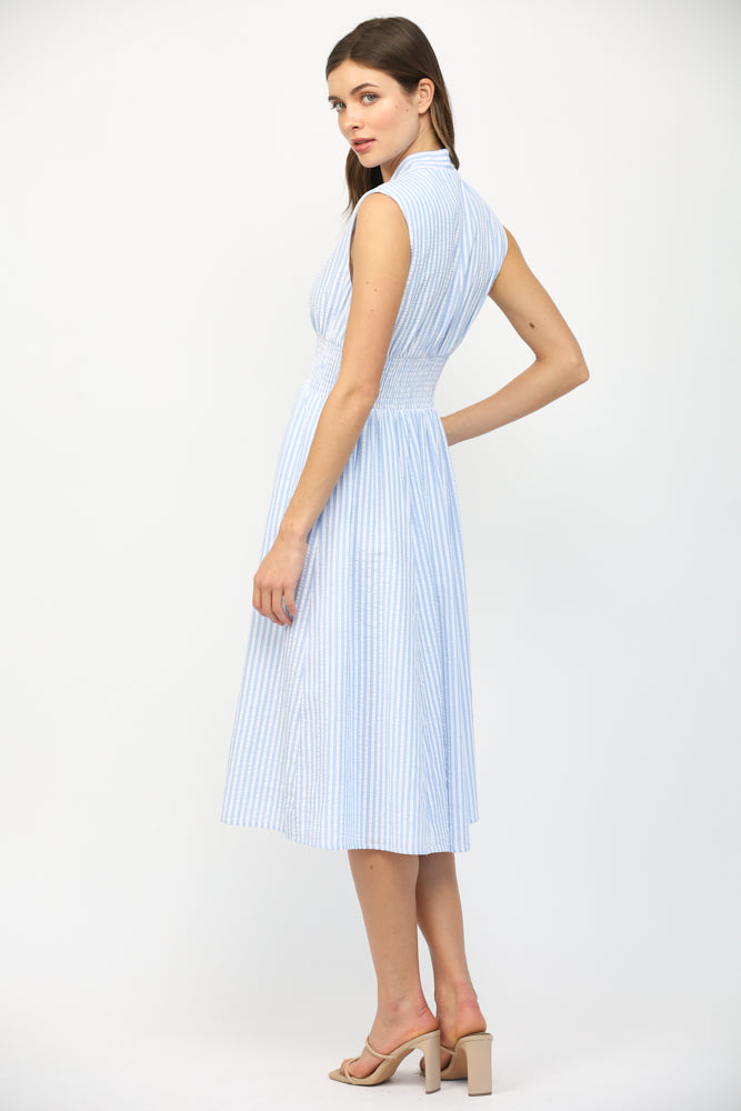 STRIPED ZIP FRONT MIDI DRESS-BLUE/WHITE