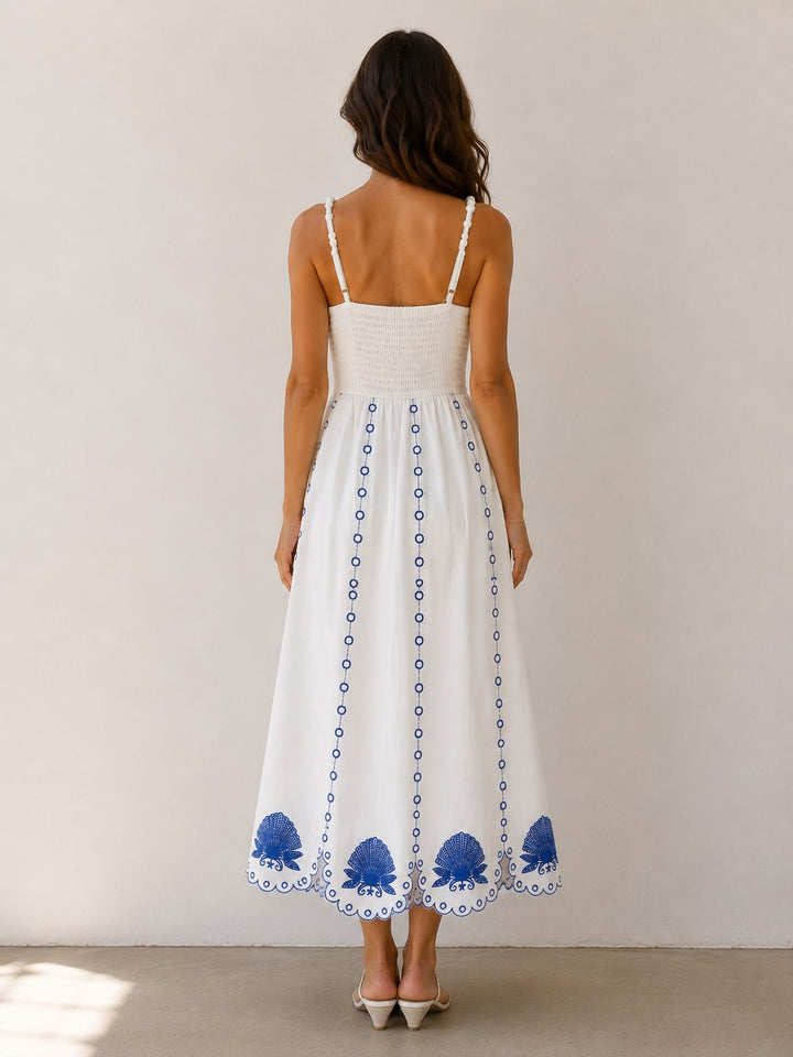 EMBROIDERED LINEN MAXI DRESS-CREAM/BLUE