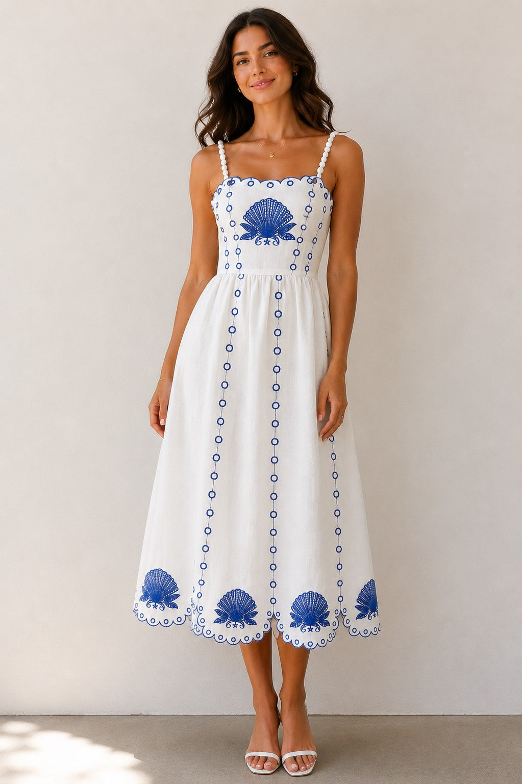 EMBROIDERED LINEN MAXI DRESS-CREAM/BLUE