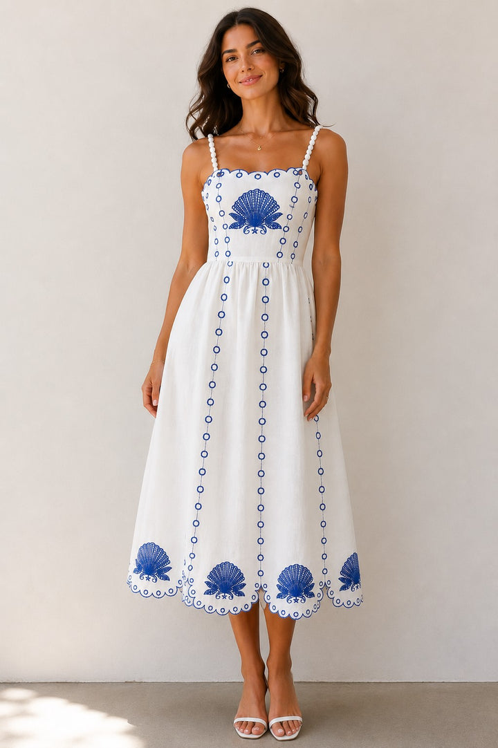 EMBROIDERED LINEN MAXI DRESS-CREAM/BLUE