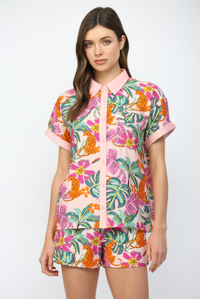 TROPICAL PRINT BUTTON DOWN BLOUSE-BLUSH/MULTI