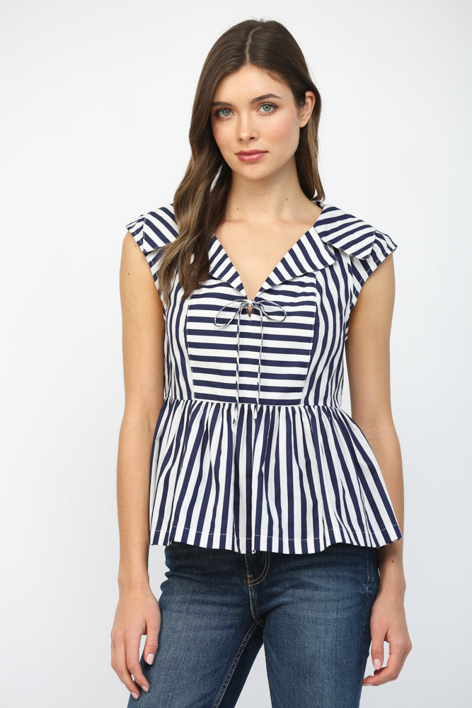STRIPED SAILOR COLLAR TOP-NAVY/WHITE