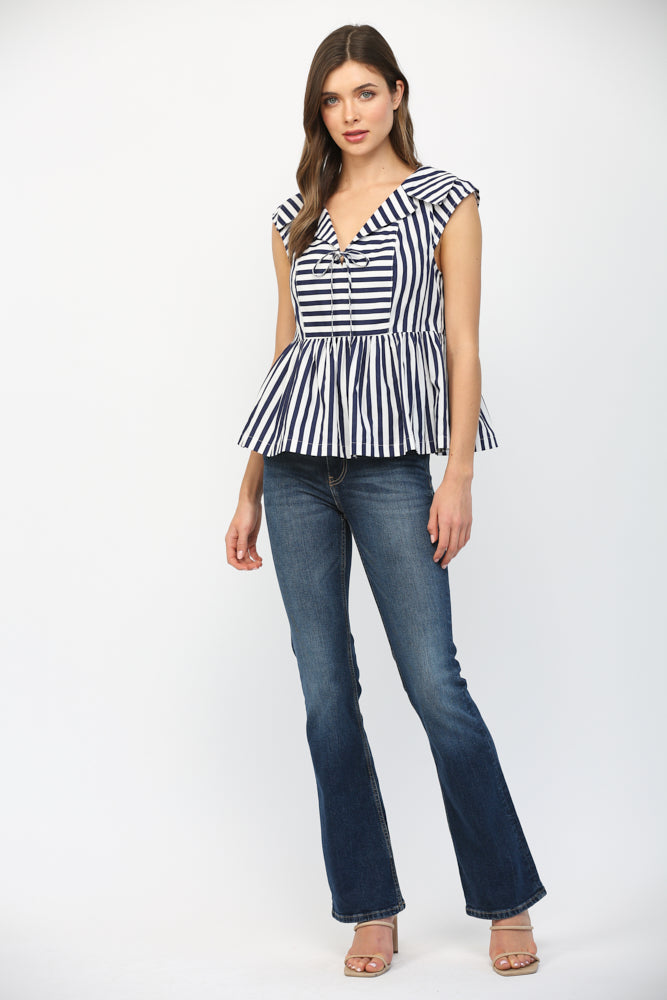 STRIPED SAILOR COLLAR TOP-NAVY/WHITE