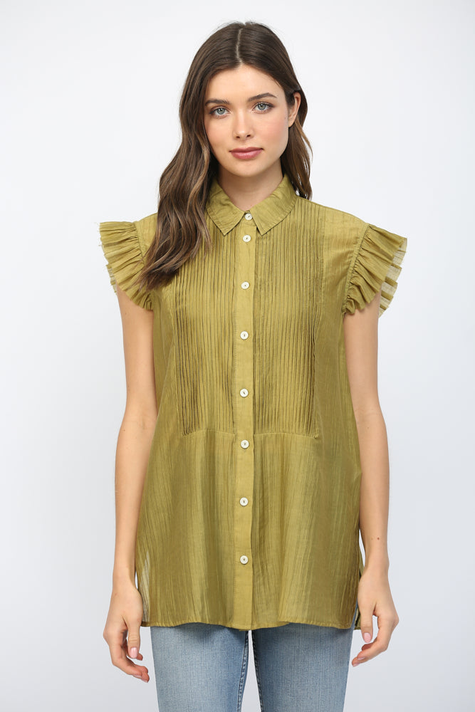 PLEATED DETAILED SLEEVELESS BLOUSE-GREEN TEA