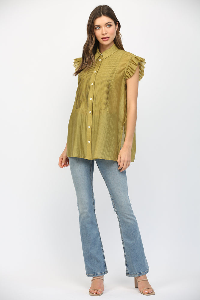 PLEATED DETAILED SLEEVELESS BLOUSE-GREEN TEA