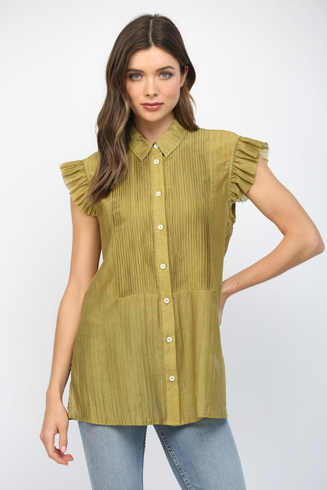 PLEATED DETAILED SLEEVELESS BLOUSE-GREEN TEA