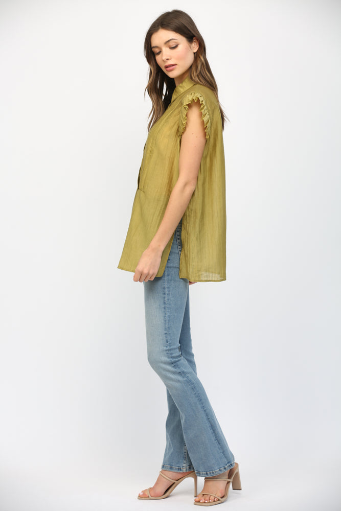 PLEATED DETAILED SLEEVELESS BLOUSE-GREEN TEA