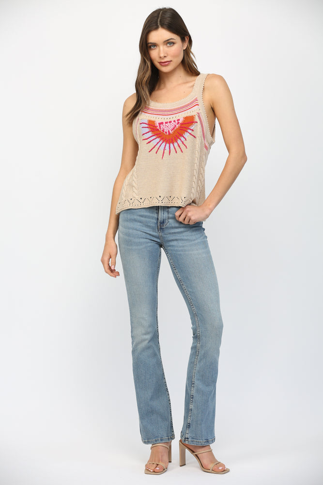 ABSTRACT SUNBURST SWEATER TANK-TAUPE