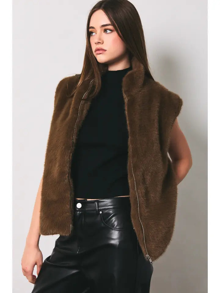 HIGH NECK FAUX FUR ZIP VEST JACKET-BROWN