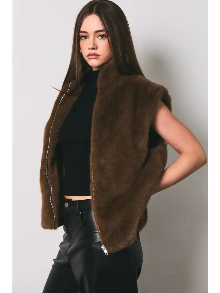 HIGH NECK FAUX FUR ZIP VEST JACKET-BROWN