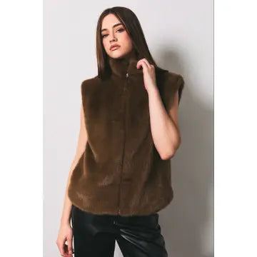 HIGH NECK FAUX FUR ZIP VEST JACKET-BROWN