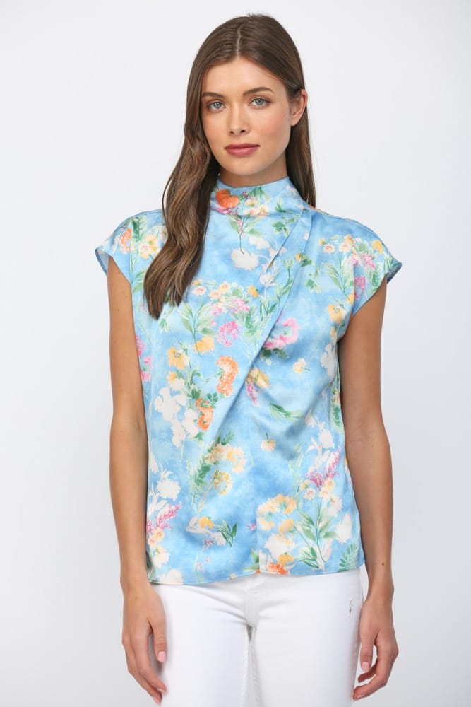FLORAL SATIN HIGH NECK TOP-BLUE MULTI