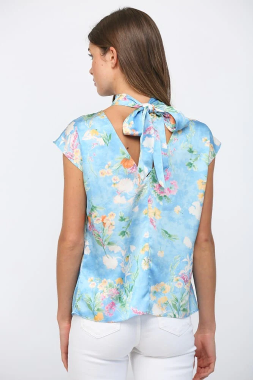 FLORAL SATIN HIGH NECK TOP-BLUE MULTI