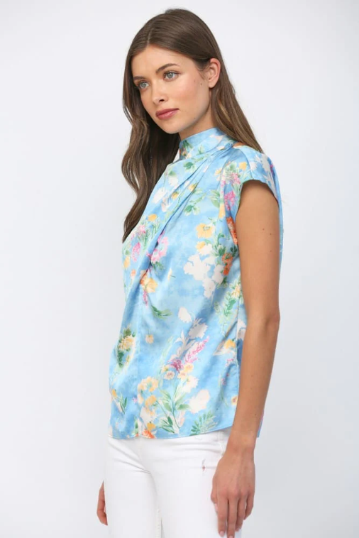 FLORAL SATIN HIGH NECK TOP-BLUE MULTI