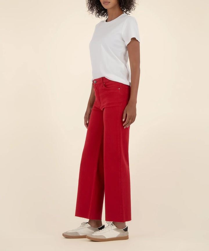 MEG HIGH RISE FAB AB WIDE LEG RAW HEM-RUBY RED