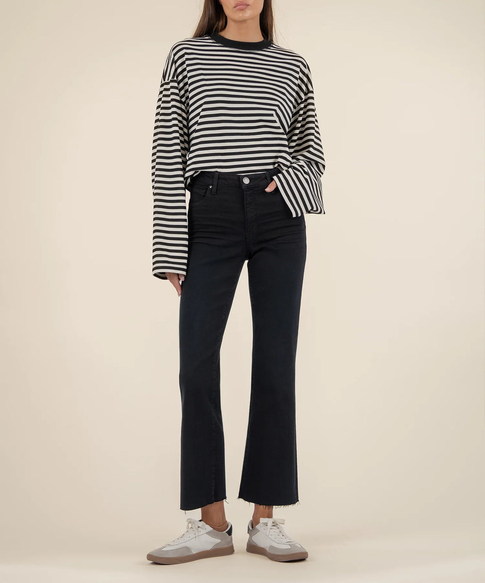 black high rise denim with slight flared ankle and raw hem