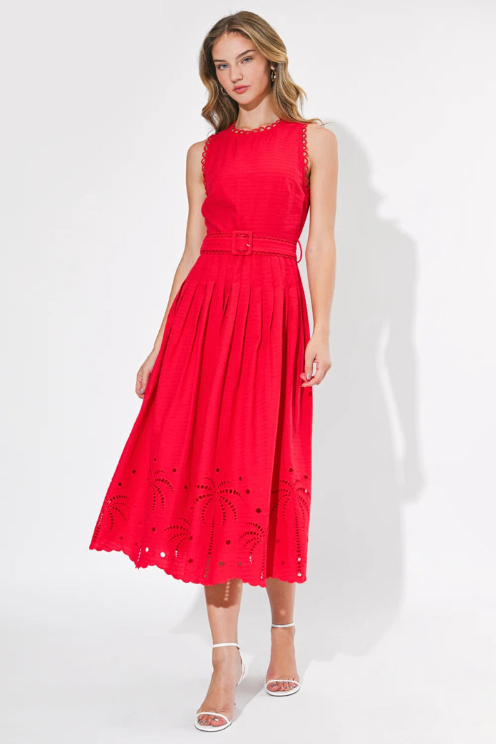 NEVE EMBROIDERED MIDI DRESS-RED