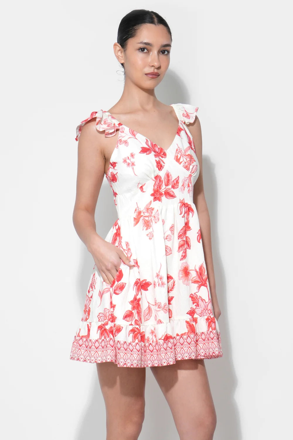 ROSA PRINTED TIERED MINI DRESS-IVORY/RED