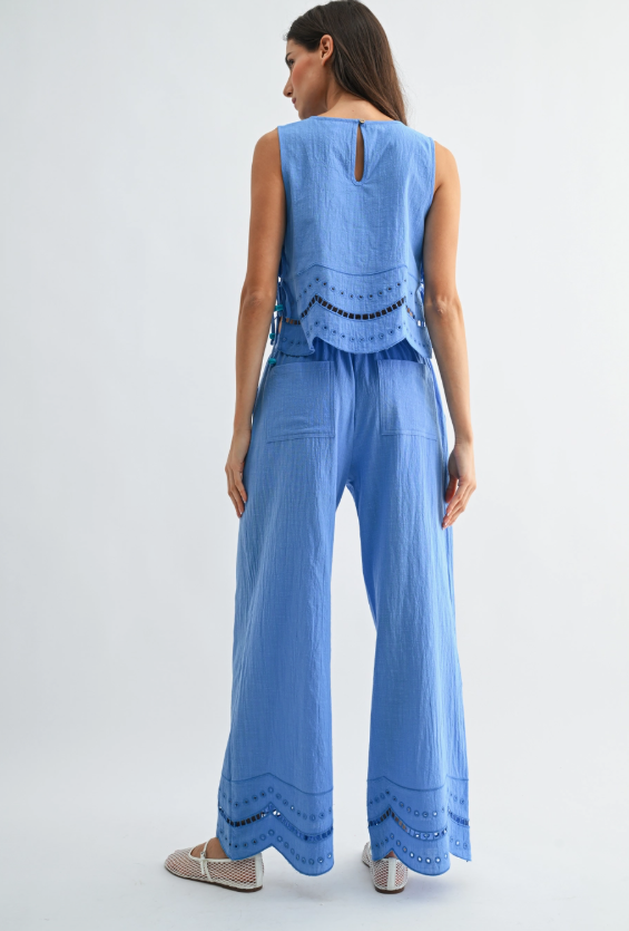 EMBROIDERED DRAWSTRING PANT-BLUE