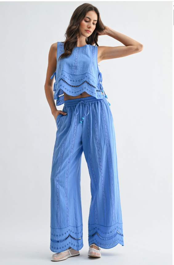 EMBROIDERED DRAWSTRING PANT-BLUE