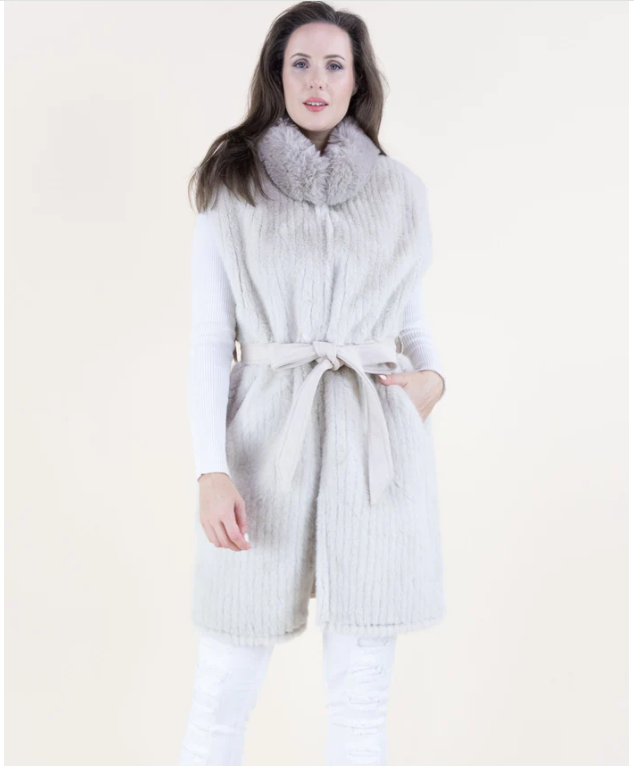 VERTICAL RIBBED FAUX FUR BELTED VEST-BEIGE