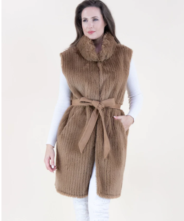 VERTICAL RIBBED FAUX FUR BELTED VEST-KHAKI