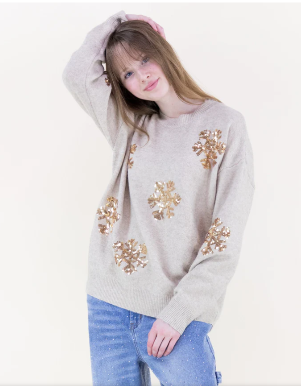 SEQUIN SNOWFLAKE SWEATER-BEIGE