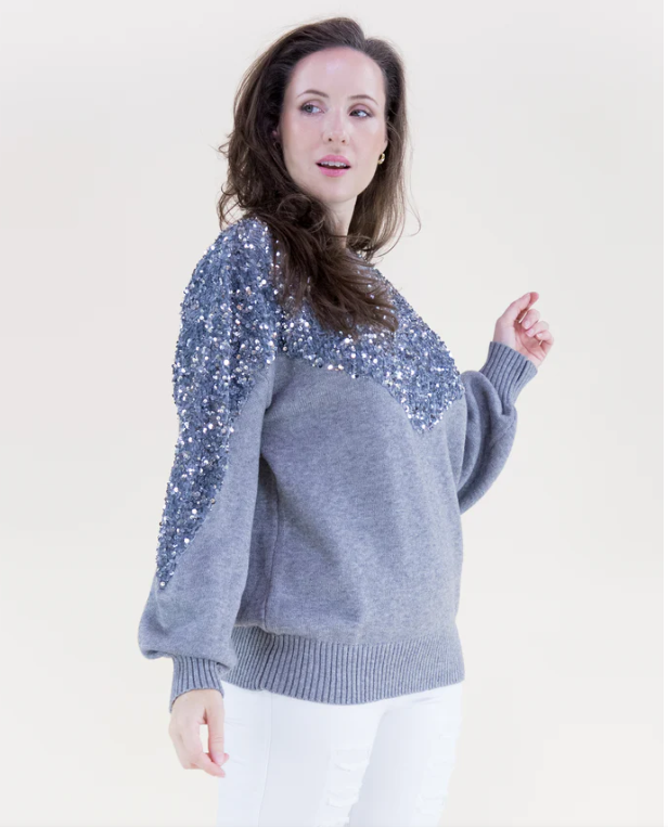 SEQUIN CREW NECK SWEATER-SILVER