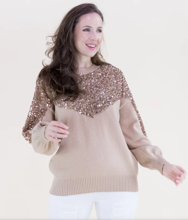 SEQUIN CREW NECK SWEATER-GOLD