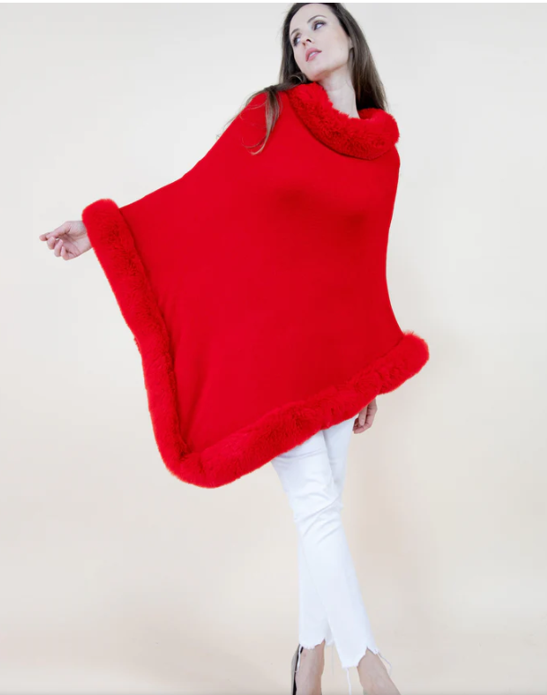 FAUX FUR TRIMMED PONCHO-RED