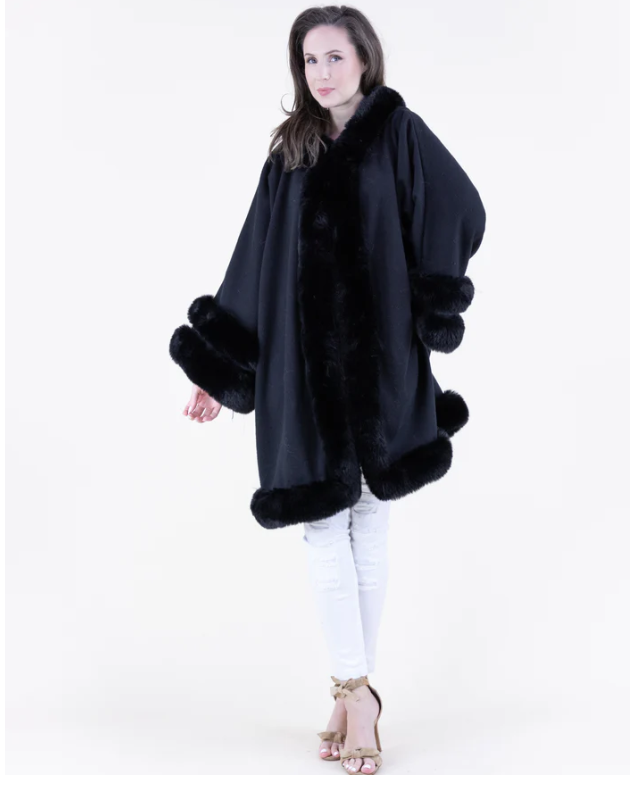 DOUBLE FUR TRIM HOODED COAT-BLACK