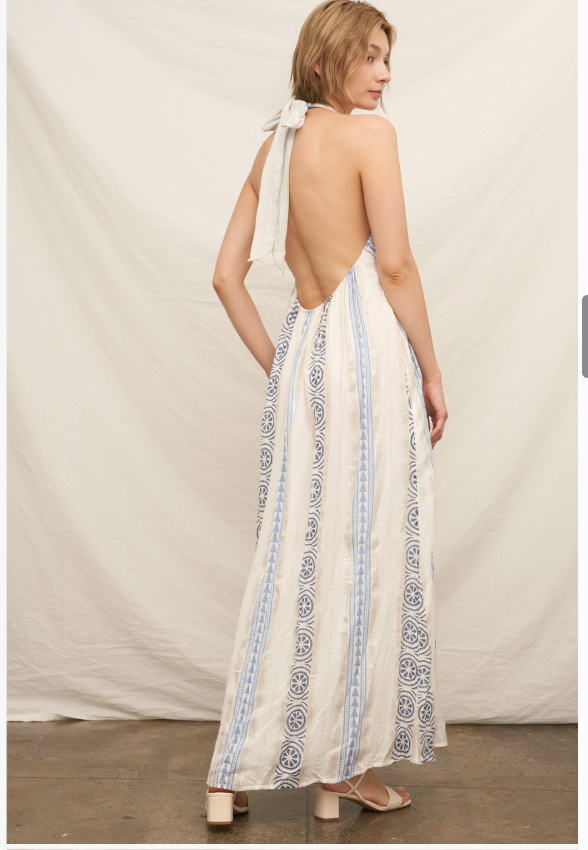 EMBROIDERED HALTER NEXK MAXI-WHITE/BLUE