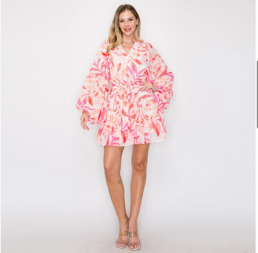VOLUMINOUS SLEEVE MINI DRESS-PINK/MULTI