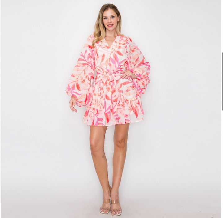 VOLUMINOUS SLEEVE MINI DRESS-PINK/MULTI