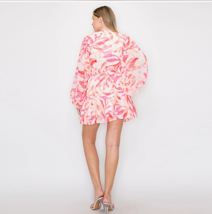 VOLUMINOUS SLEEVE MINI DRESS-PINK/MULTI