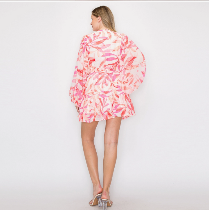 VOLUMINOUS SLEEVE MINI DRESS-PINK/MULTI