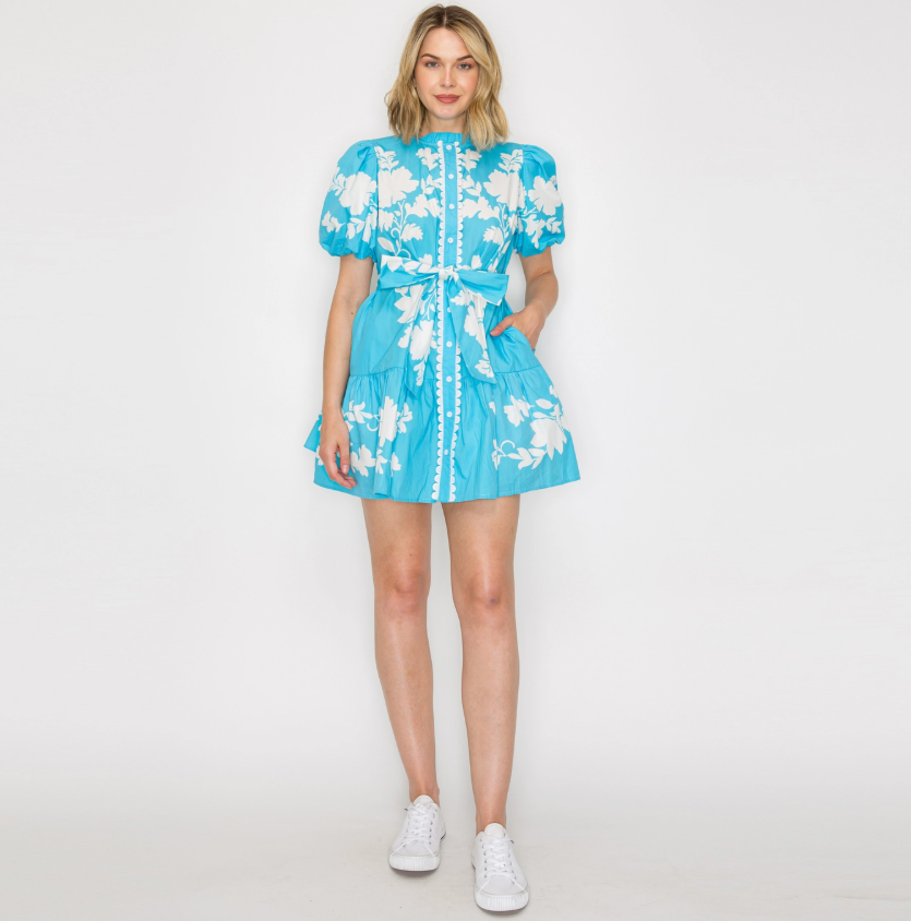 VANILLA SKY MINI DRESS-AQUA/WHITE