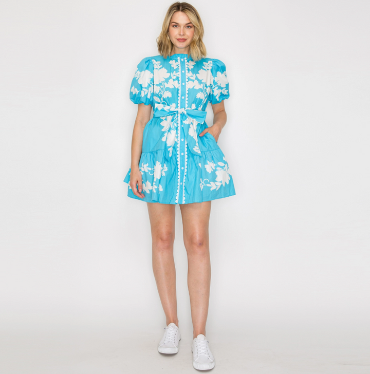 VANILLA SKY MINI DRESS-AQUA/WHITE