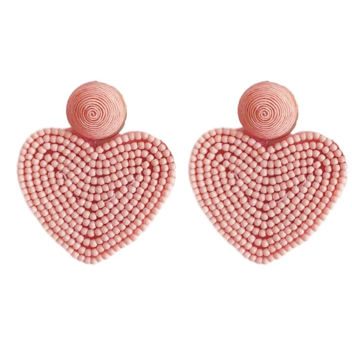 VALENTINES DAY HOLIDAY BEADED HEART EARRINGS-PINK