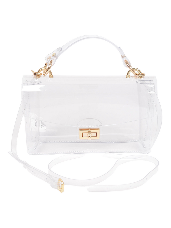 TRANSPARENT METAL STUDDED FLAP BAG-CLEAR/GOLD